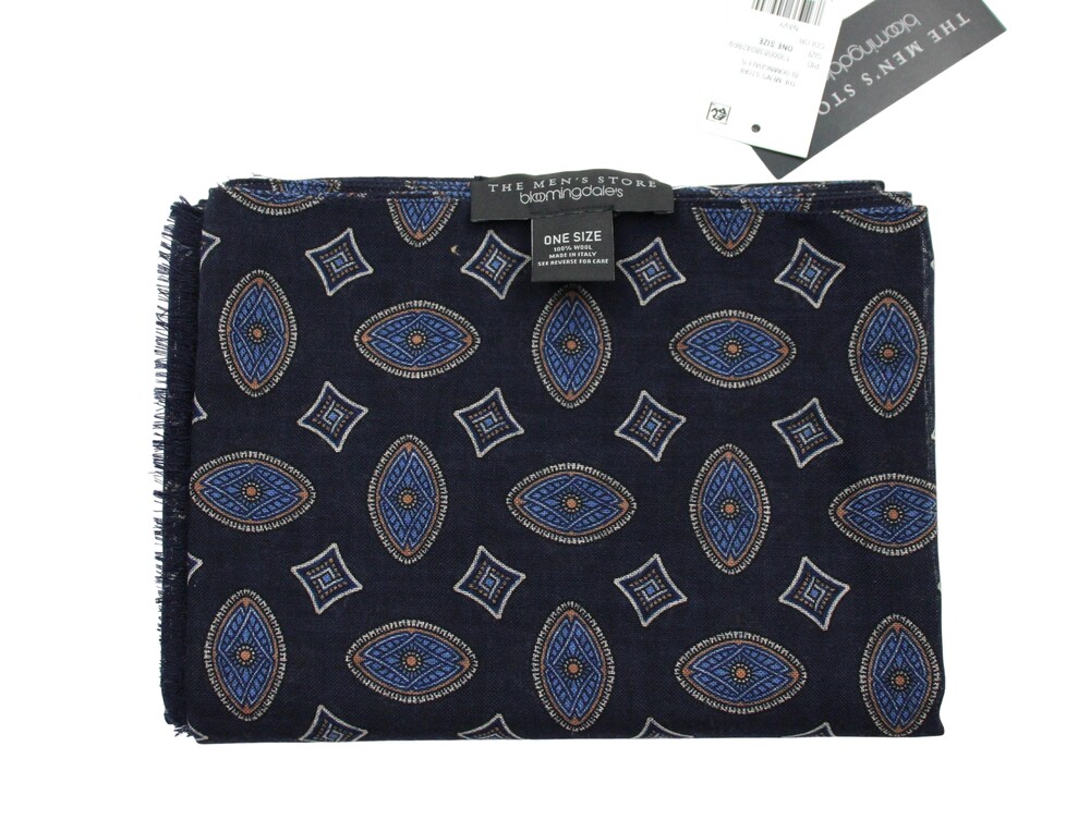 $198 Men's Store Bloomingdale's Scarf Mens OS Navy Geometric Wool Fringe Italy